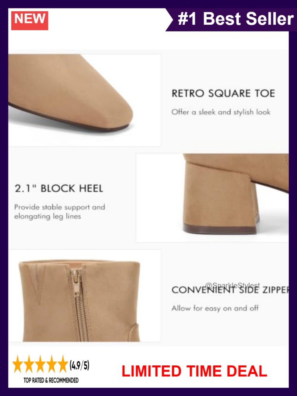 Faux Suede Square Toe Chunky Heel Ankle Boots with Side Zipper - Picture 4 of 6